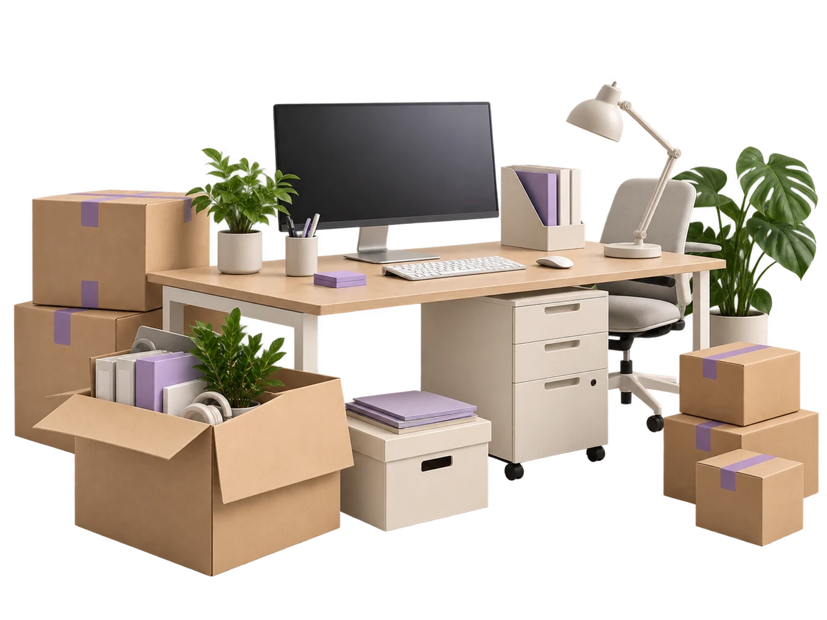 Büro mit verpackten Möbeln für den Firmenumzug