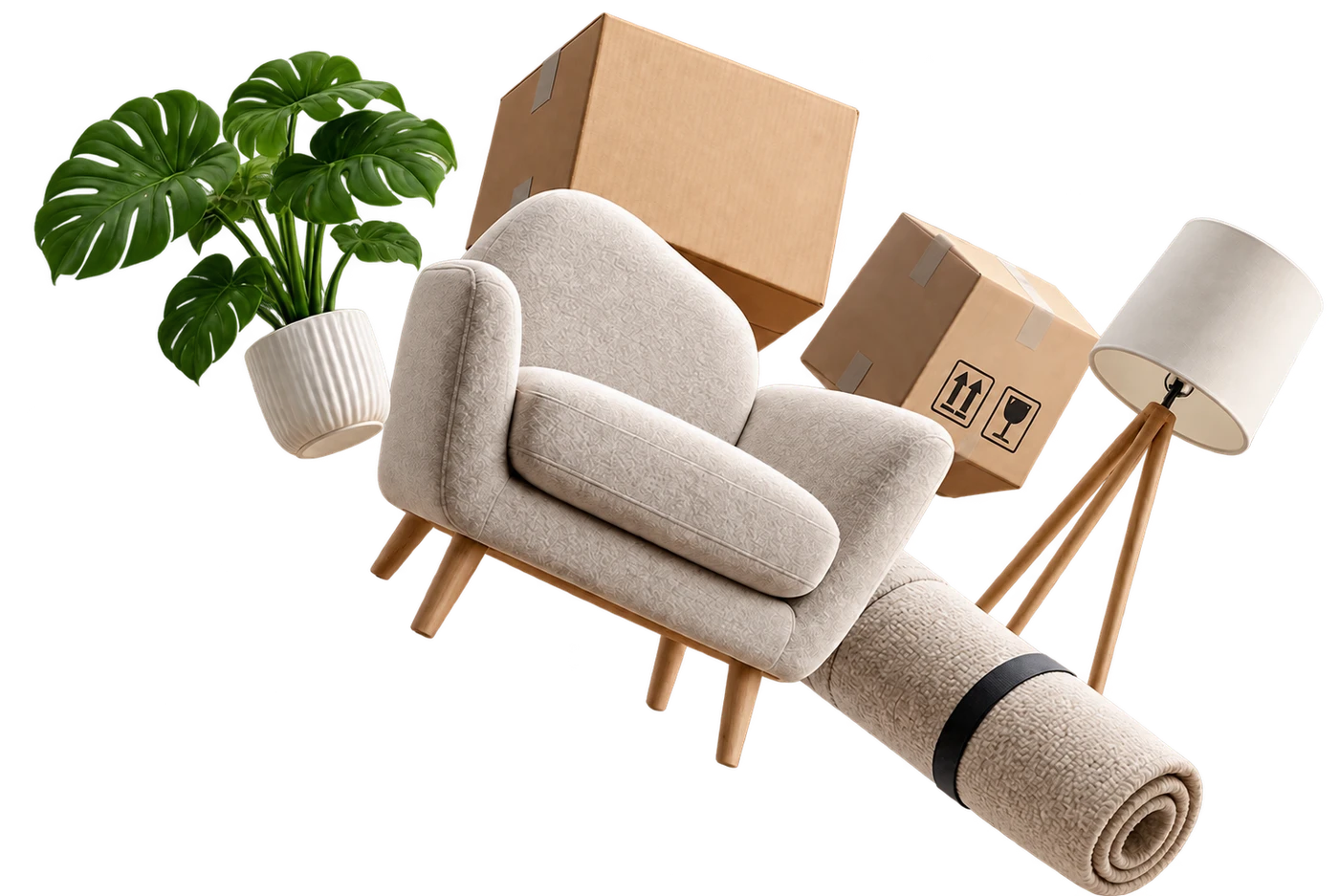 Schwebender heller Sessel mit Umzugskartons, Monstera, Stehlampe und gerolltem Teppich