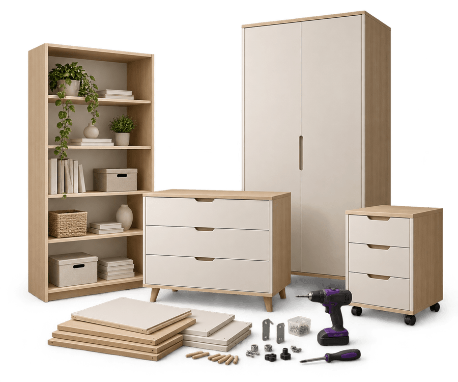Regal, Kommode, Schrank und Schubladenelement für die Montage neuer Möbel