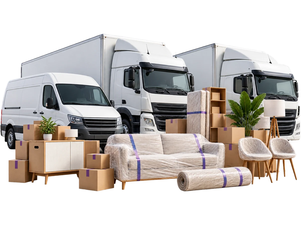 Kleiner und große Möbelwagen mit verpackten Möbeln