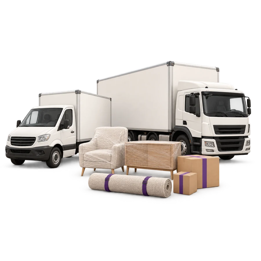 Kleiner und großer Möbelwagen mit geschützt verpackten Möbeln