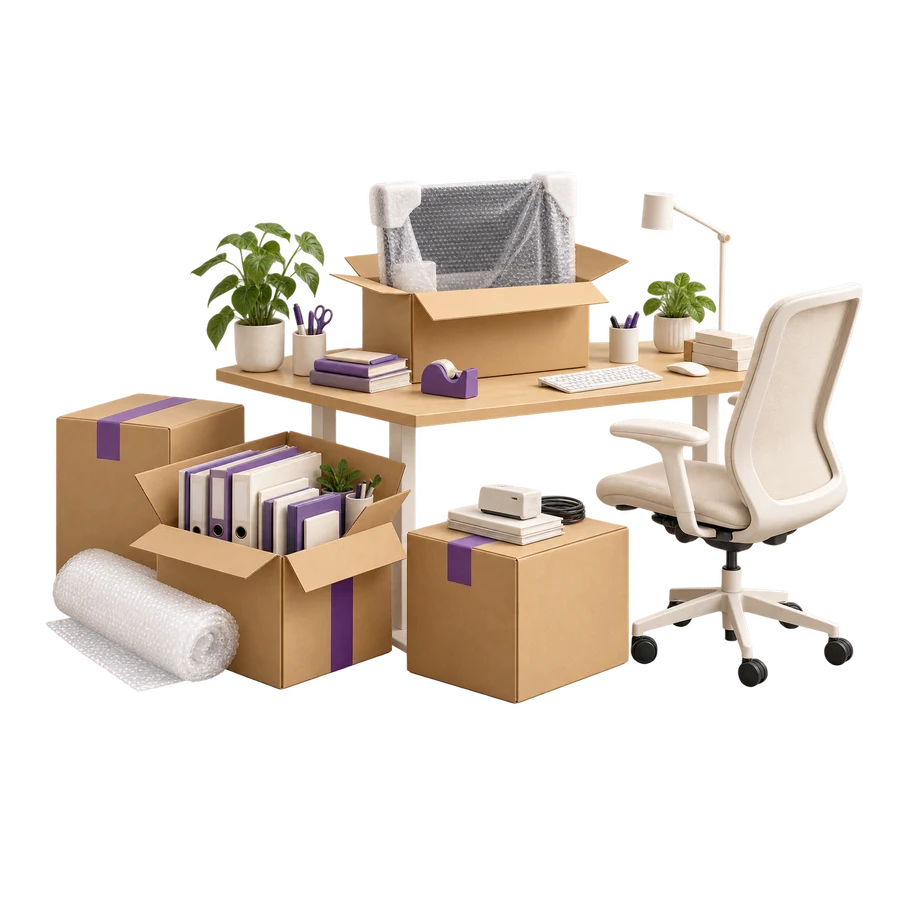 Büroarbeitsplatz mit verpacktem Monitor, Umzugskartons und Büromaterial