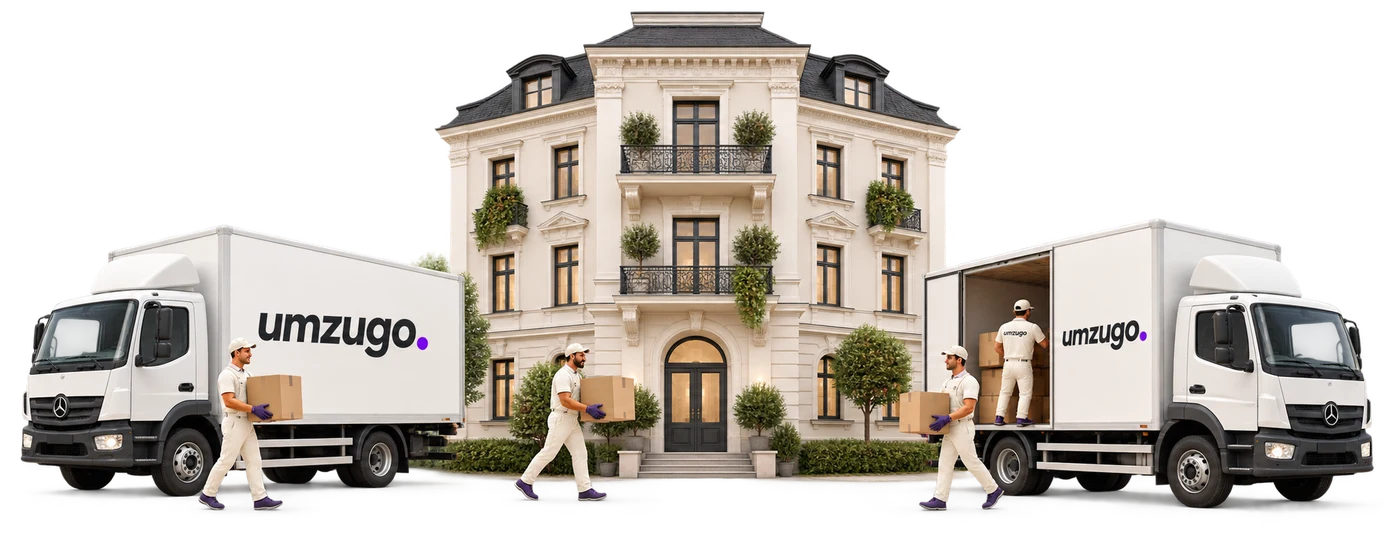 Wohnhaus mit zwei UMZUGO Möbelwagen und vier Möbelpackern